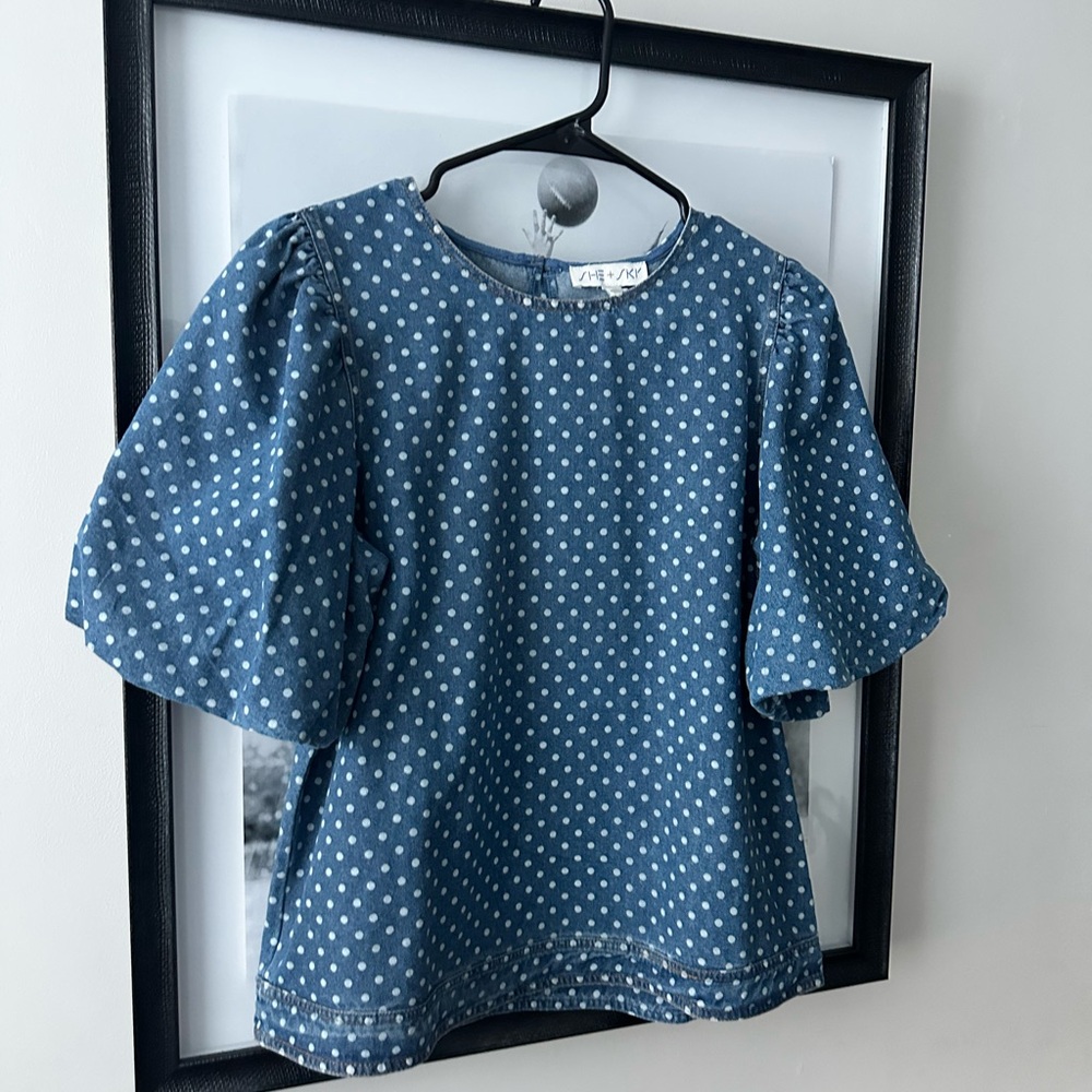 She + Sky Denim Blue Polka Dot Top